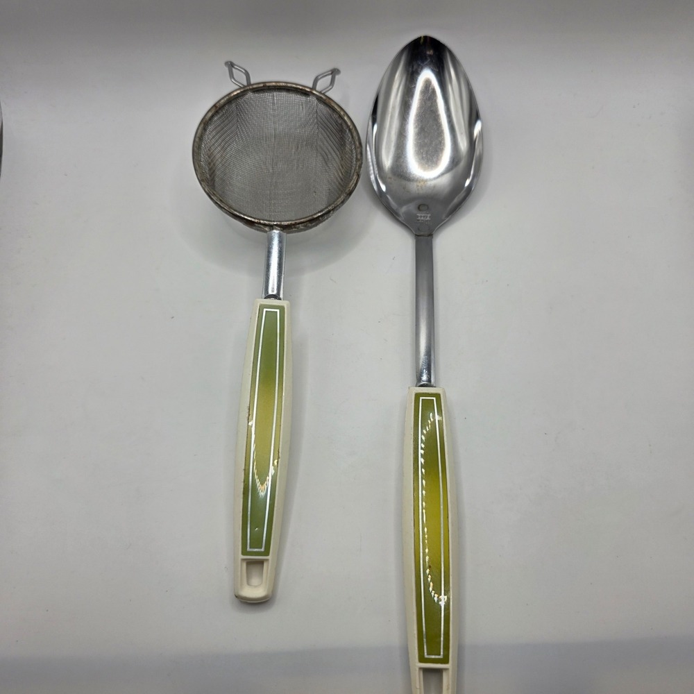 Vintage Ekco Serving Spoon and Mesh Strainer Set Green Cream MCM USA Made